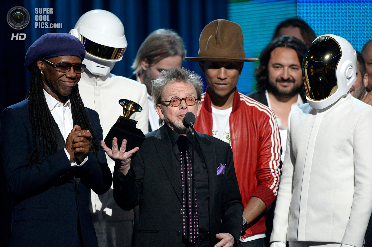 Церемония вручения премии Grammy 2014. На фото Нил Роджерс, Томас Бангальте, Фаррелл Уильямс и Ги-Мануэль де Омем-Кристо.